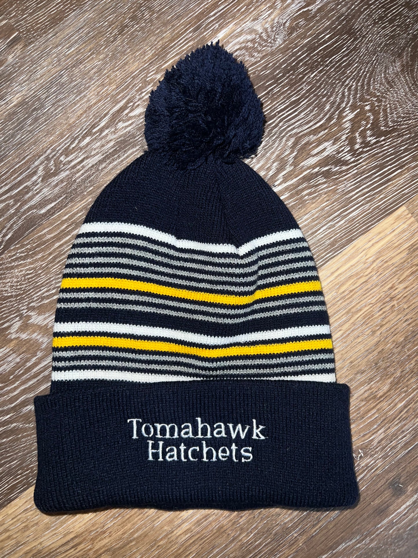 Navy Striped Pom Pom Beanie